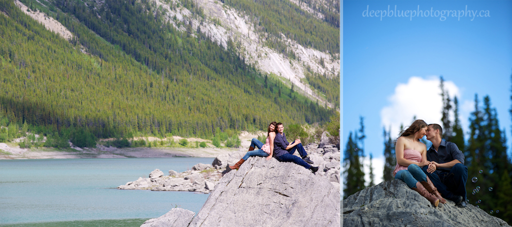 Photo of Couple Sitting on the Rocks at Medicine Lake During Their Engagement Pictures In Jasper National Park