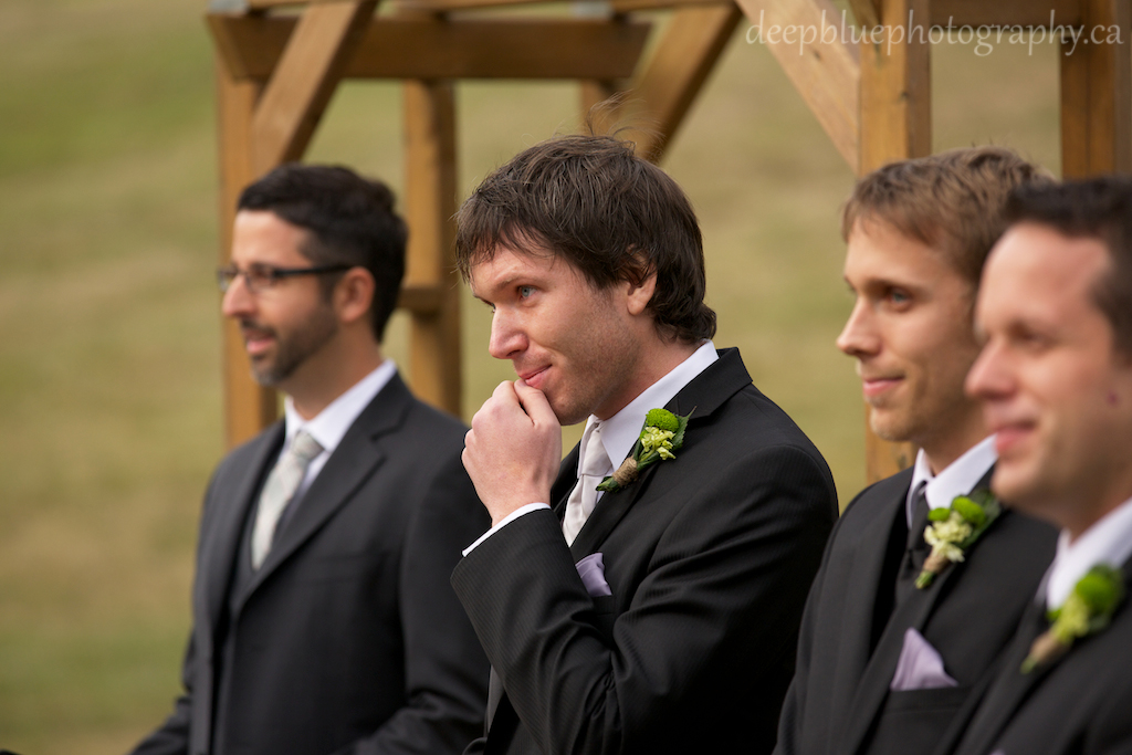 Groom Waiting at Alter for Bride At Their Snow Valley Edmonton Wedding Pictures