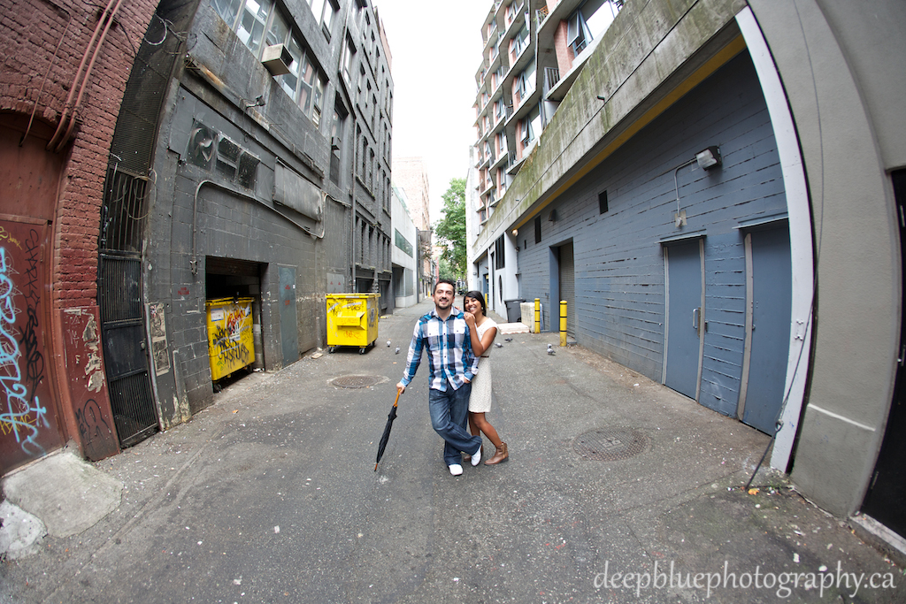 Wide Angle Fun Engagement Photo in Vancouver Alley