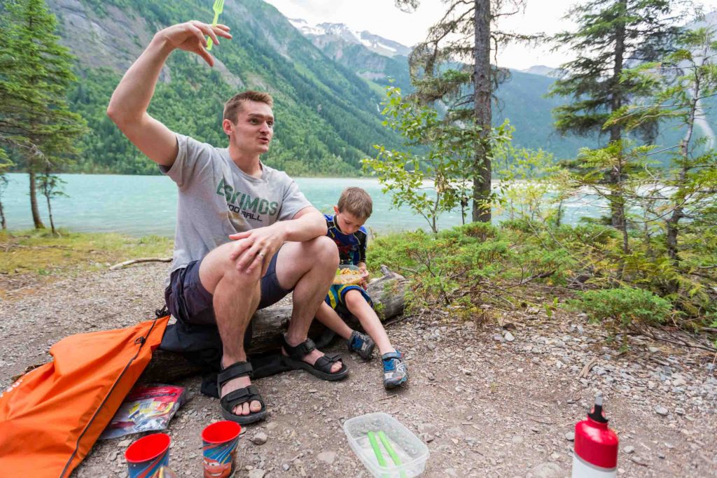 Cooking a meal after backpacking with kids