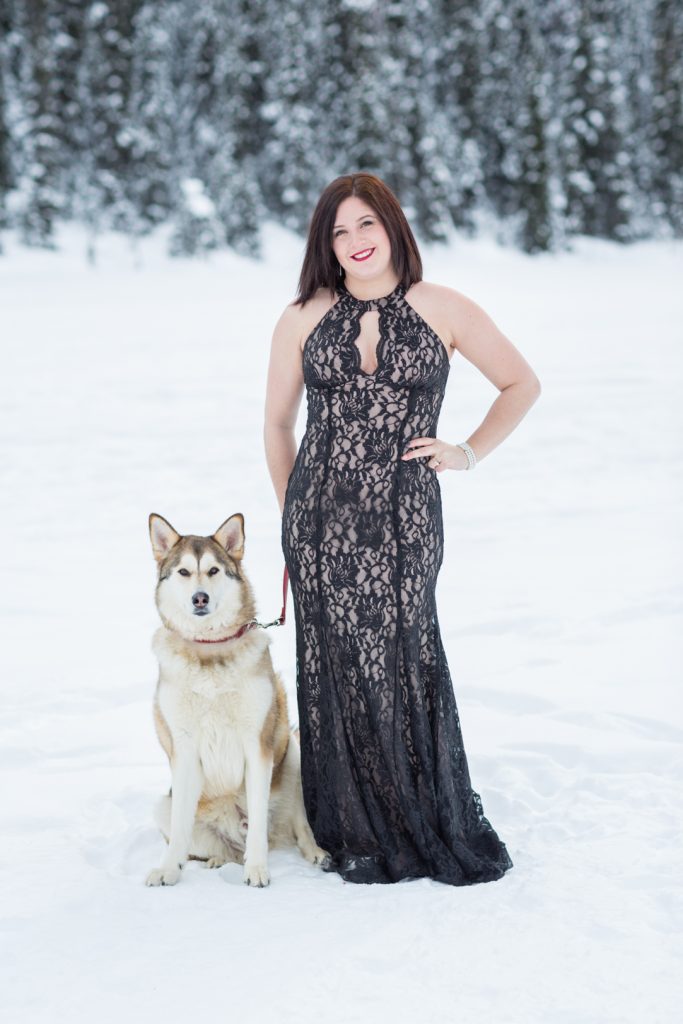 winter mountain engagement photos - with dog