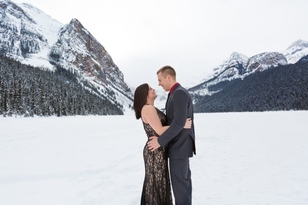 Mountain engagement photos at Lake Louise - Mountain Engagement Photography by Deep Blue Photography