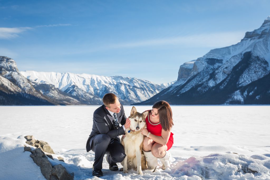 Family photos with dog - Winter Mountain Engagement Photos