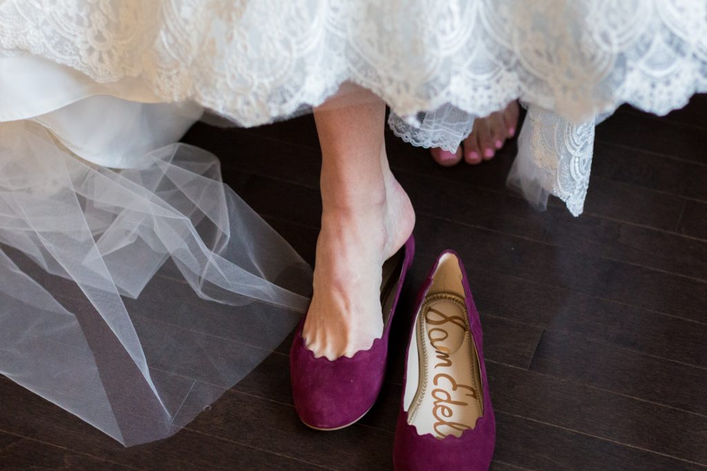 Burgundy wedding shoes for autumn wedding at Shaw Conference Centre