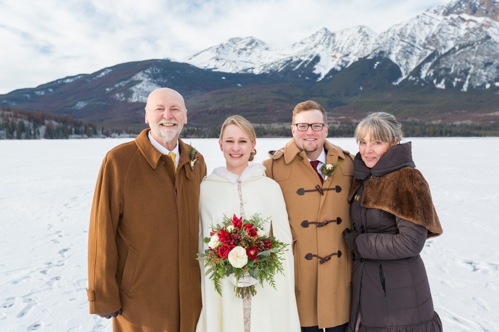 Outdoor family portraits during Pyramid lake winter wedding
