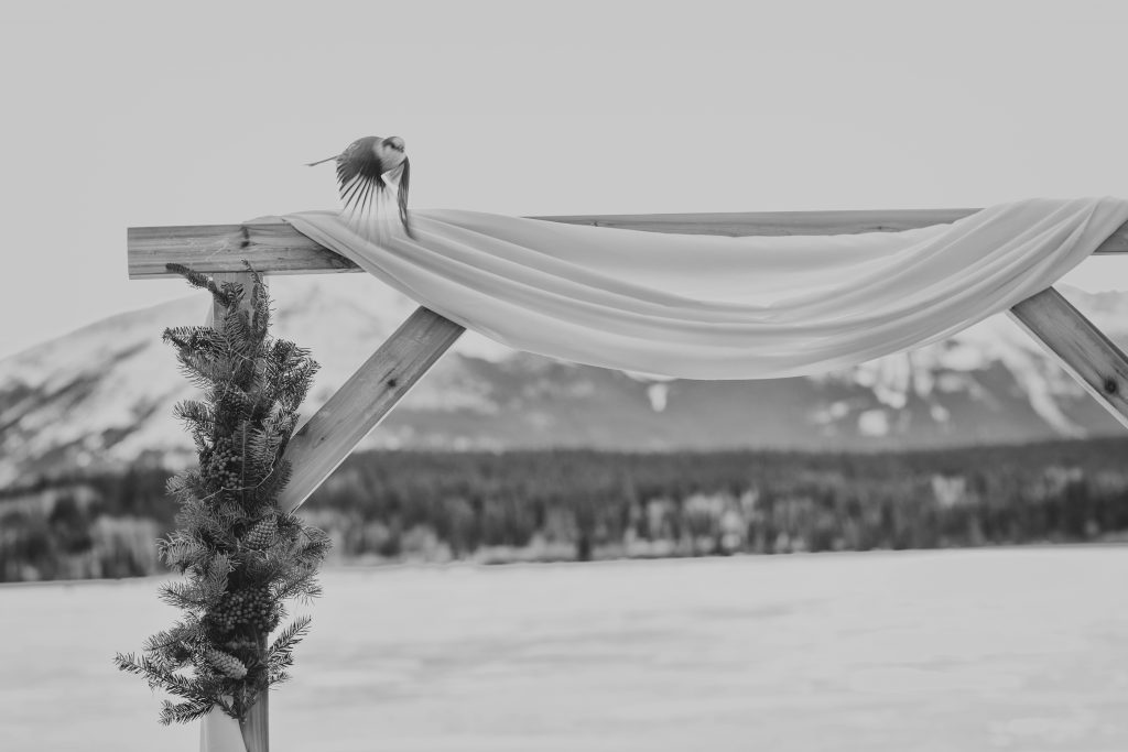 Outdoor wedding ceremony in the winter at Pyramid Lake in Jasper