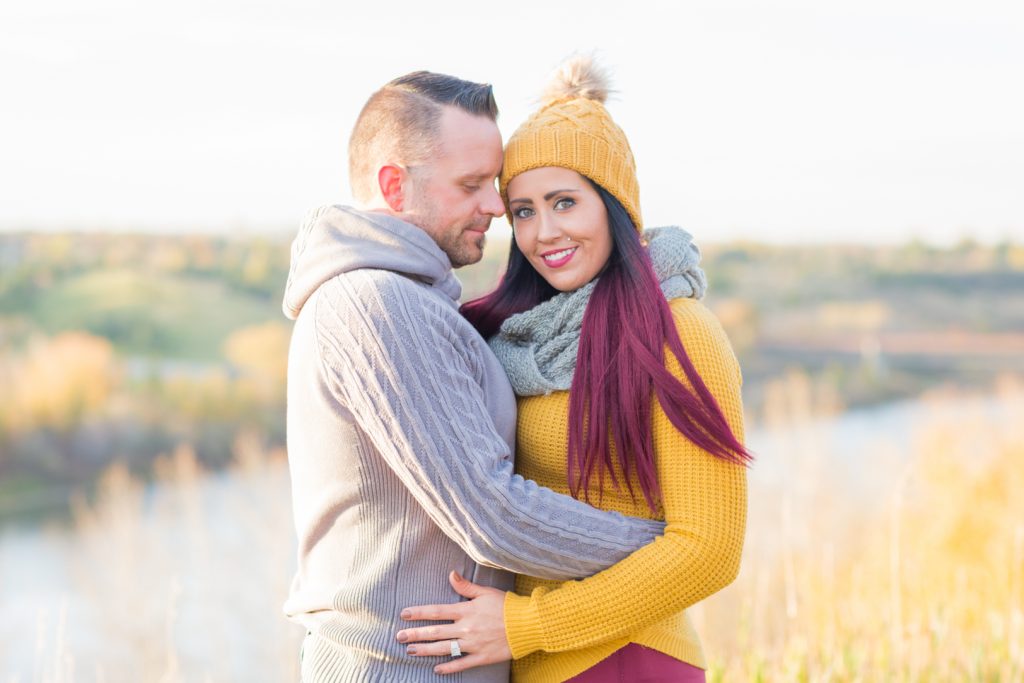 Gold and burgundy themed engagement photos