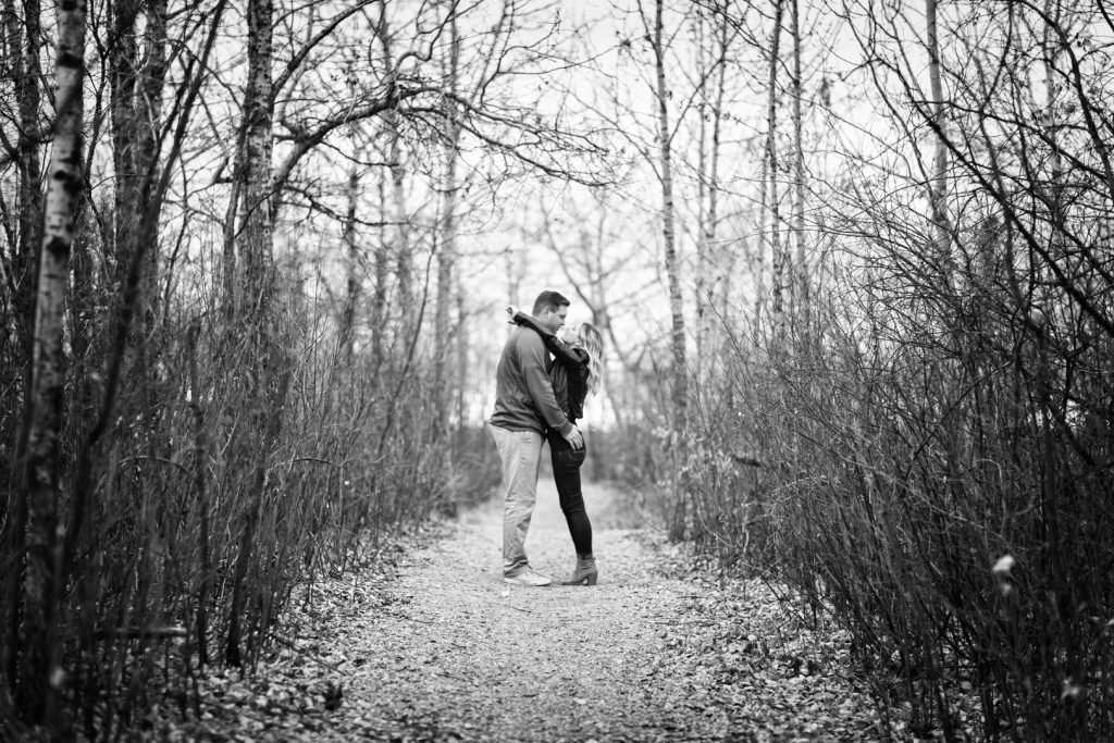 Black and white autumn Strathcona science park engagement photos
