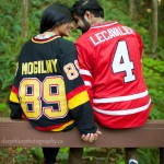 Monica and Aaron in their hockey jerseys