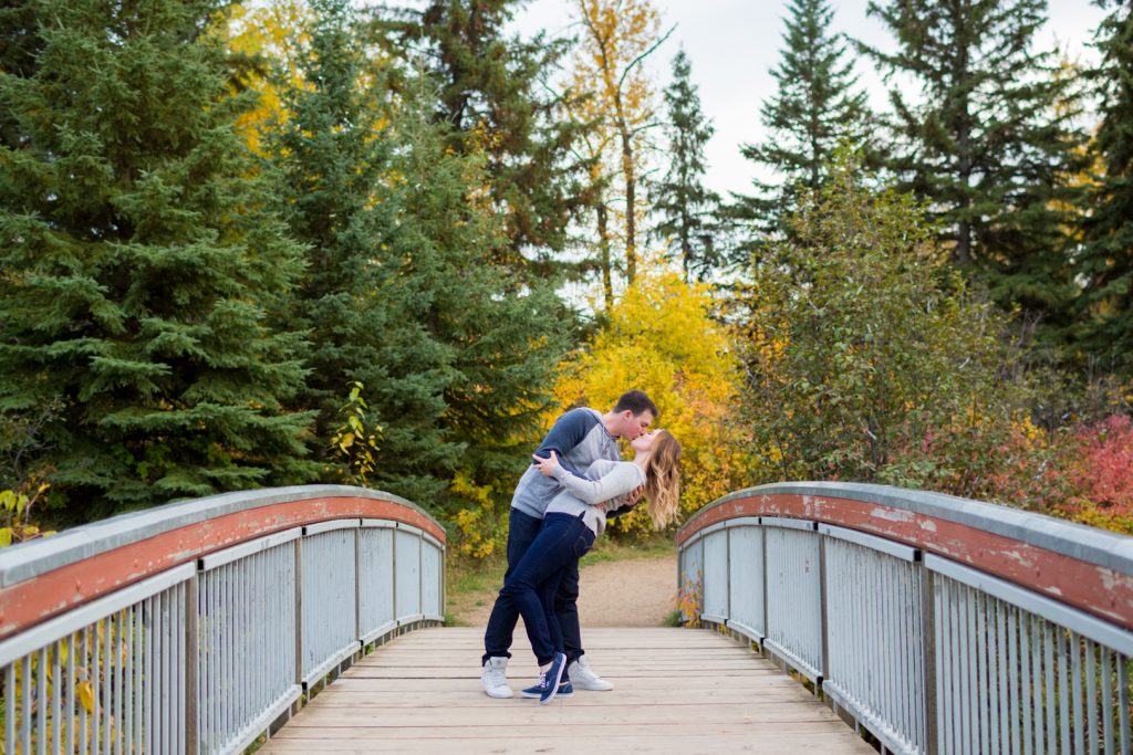 Engagement photos on a bridge in Edmonton