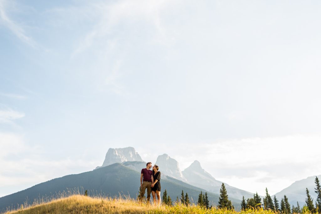 Three sisters mountain engagement photos in Canmore
