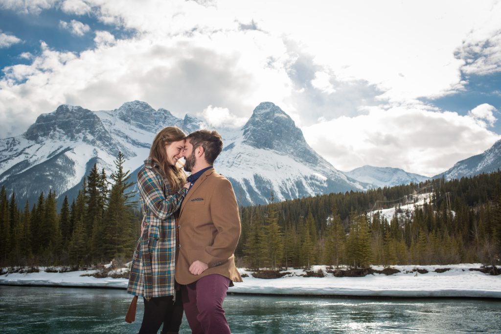 winter engagement photos in Canmore