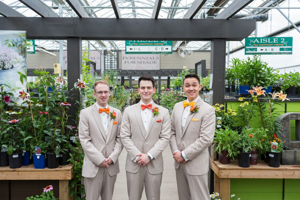 groomsmen portraits in greenhouse